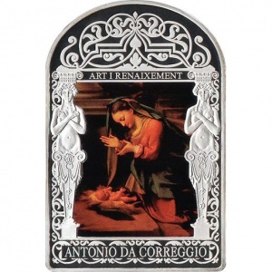 Реверс монеты Андорра, 15 динеров, 2013, Мадонна Ренессанса - Поклонение Младенцу