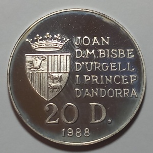 Аверс монеты Андорра, 20 динеров, 1988, XXV летние Олимпийские Игры, Барселона 1992