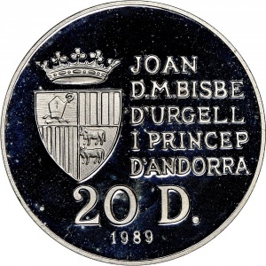 Аверс монеты Андорра, 20 динеров, 1989, XXV летние Олимпийские Игры, Барселона 1992. Парусный спорт