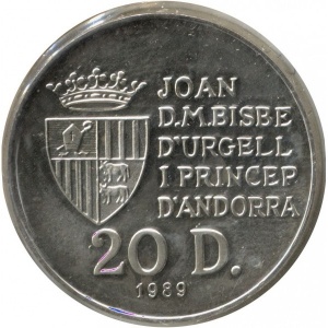 Аверс монеты Андорра, 20 динеров, 1989, XXV летние Олимпийские Игры, Барселона 1992. Гребля на байдарках и каноэ