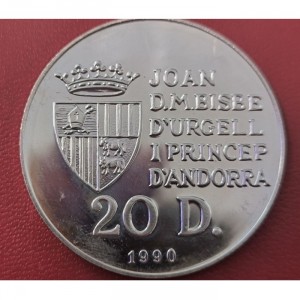 Аверс монеты Андорра, 20 динеров, 1990, XXV летние Олимпийские Игры, Барселона 1992 - Конный спорт