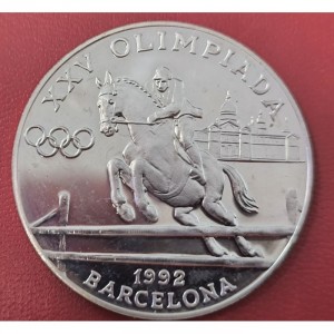 Реверс монеты Андорра, 20 динеров, 1990, XXV летние Олимпийские Игры, Барселона 1992 - Конный спорт