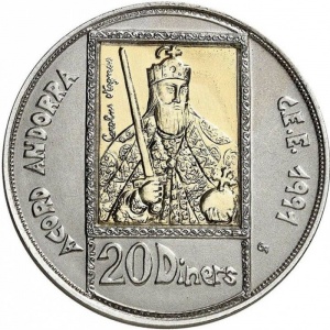 Реверс монеты Андорра, 20 динеров, 1991, ЭКЮ таможенный союз