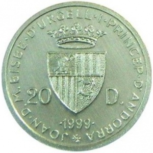 Аверс монеты Андорра, 20 динеров, 1999, XXVII летние Олимпийские игры, Сидней, 2000 г. – Толкание ядра