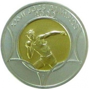 Реверс монеты Андорра, 20 динеров, 1999, XXVII летние Олимпийские игры, Сидней, 2000 г. – Толкание ядра