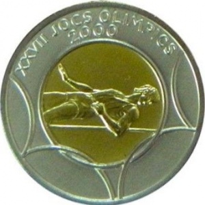 Реверс монеты Андорра, 20 динеров, 1999, XXVII летние Олимпийские игры, Сидней, 2000 г. – прыжки в высоту