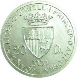 Аверс монеты Андорра, 20 динеров, 2000, XXVII летние Олимпийские Игры, Сидней 2000 /Бег с барьерами/