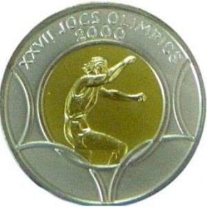 Реверс монеты Андорра, 20 динеров, 2000, XXVII летние Олимпийские Игры, Сидней 2000 /Прыжок в длину/