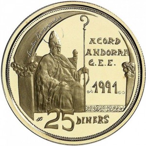 Реверс монеты Андорра, 25 динеров, 1992, ЭКЮ таможенный союз