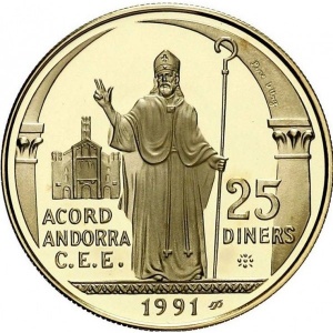 Реверс монеты Андорра, 25 динеров, 1994, ЭКЮ таможенный союз