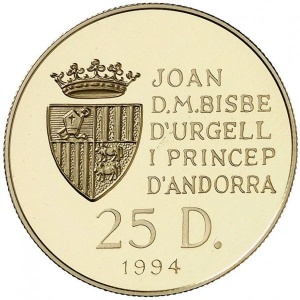 Аверс монеты Андорра, 25 динеров, 1994, XXVI летние Олимпийские Игры, Атланта 1996 - Теннис