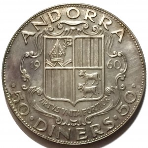 Аверс монеты Андорра, 50 динеров, 1960, Карл Великий