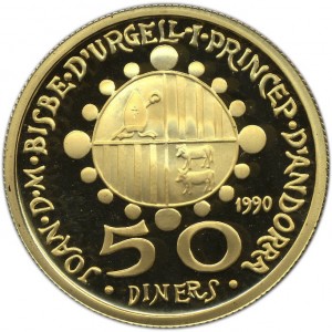 Аверс монеты Андорра, 50 динеров, 1990, Каталонские художники - Антонио Гауди