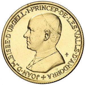 Аверс монеты Андорра, 100 динеров, 1987, Жоан Марти-и-Аланис
