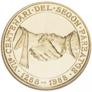 Реверс монеты Андорра, 250 динеров, 1988, 700 лет Управляющему уставу Андорры