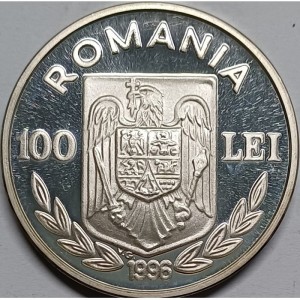 Аверс монеты Румыния, 100 леев, 1996, XXVI летние Олимпийские Игры, Атланта 1996 - Плавание