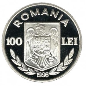 Аверс монеты Румыния, 100 леев, 1996, XXVI летние Олимпийские Игры, Атланта 1996 - Виндсерфинг