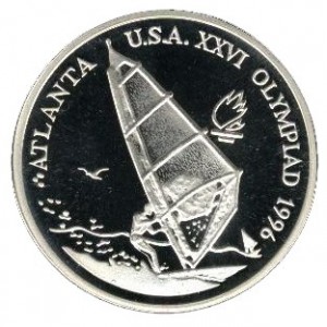 Реверс монеты Румыния, 100 леев, 1996, XXVI летние Олимпийские Игры, Атланта 1996 - Виндсерфинг