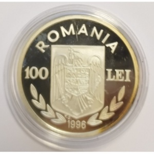 Аверс монеты Румыния, 100 леев, 1996, XXVI летние Олимпийские Игры, Атланта 1996 - Каноэ-двойки