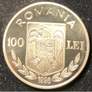 Аверс монеты Румыния, 100 леев, 1996, XXVI летние Олимпийские Игры, Атланта 1996 - Длинное каноэ