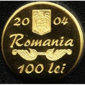 Аверс монеты Румыния, 100 леев, 2004, История золота - панагия из Кантакузино
