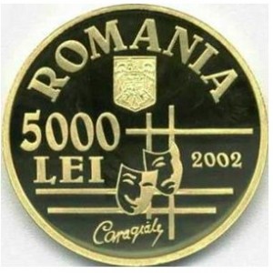 Аверс монеты Румыния, 5000 леев, 2002, 150 лет со дня рождения Иона Луки Караджале