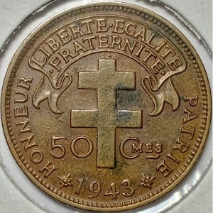 Реверс монеты Камерун, 50 сантимов, 1943