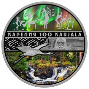 Реверс монеты Камерун, 1000 франков, 2019, 100-летие Республики Карелия. Петроглиф вверху