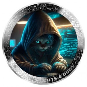 Реверс монеты Камерун, 1000 франков, 2025, AI-животные - коты и собаки - Кот Хакер