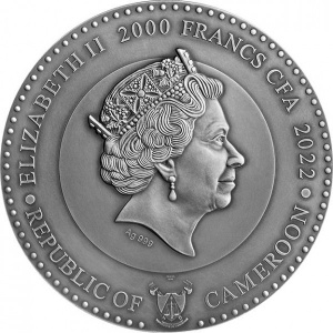 Аверс монеты Камерун, 2000 франков, 2022, Планеты и боги - Богиня Луны