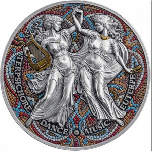 Реверс монеты Камерун, 2000 франков, 2025, Девять муз – Терпсихора и Эвтерпа. Танцевальная музыка