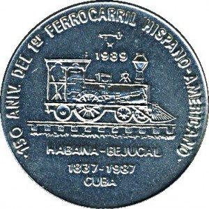 Реверс монеты Куба, 1 песо, 1989, 150 лет кубинской железной дороге