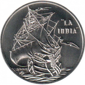 Реверс монеты Куба, 1 песо, 1994, Парусники - La India /сталь с никелевым покрытием/