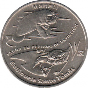 Реверс монеты Куба, 1 песо, 2009, Исчезающие животные - Ламантин и Кубинский погоныш (Cyanolimnas cerverai)