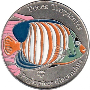 Реверс монеты Куба, 1 песо, 2005, Тропические рыбы - Королевский ангел (Pygoplites diacanthus)