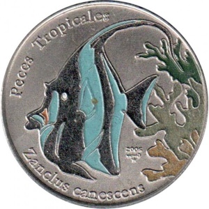 Реверс монеты Куба, 1 песо, 2005, Тропические рыбы - Рогатый занкл (Zanclus canescens)