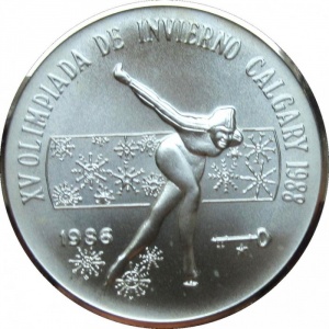 Реверс монеты Куба, 5 песо, 1986, XV зимние Олимпийские игры, Калгари 1988 - Конькобежный спорт