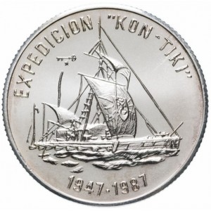 Реверс монеты Куба, 5 песо, 1987, Экспедиция Кон-Тики