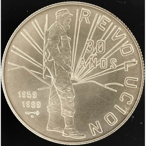 Реверс монеты Куба, 10 песо, 1989, 30 лет Революции - Фидель Кастро с ружьём