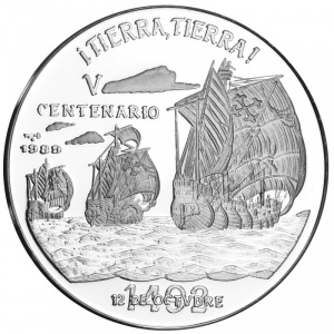 Реверс монеты Куба, 10 песо, 1989, 500 лет открытию Америки. ¡Tierra, Tierra!