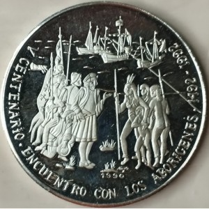 Реверс монеты Куба, 10 песо, 1990, 500 лет открытию Америки. Встреча с аборигенами