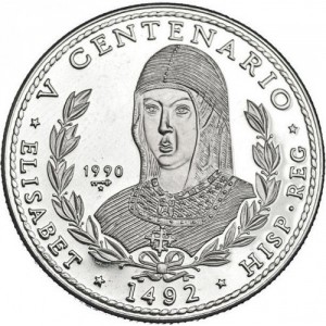 Реверс монеты Куба, 10 песо, 1990, 500 лет открытию Америки. Изабелла I
