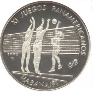 Реверс монеты Куба, 10 песо, 1990, XI Пан-Американские игры, Гавана - Волейбол