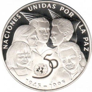 Реверс монеты Куба, 10 песо, 1995, 50 лет ООН