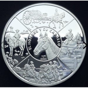 Реверс монеты Куба, 10 песо, 2000, Иберо-Америка - Человек и лошадь