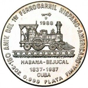 Реверс монеты Куба, 20 песо, 1988, 150 лет кубинской железной дороге