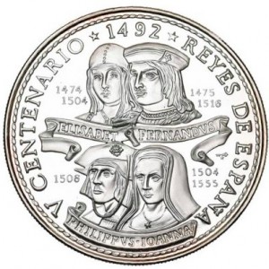 Реверс монеты Куба, 30 песо, 1992, 500 лет открытию Америки. Фердинанд V и Изабелла I, Хуана I и Филипп I