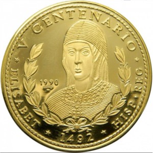 Реверс монеты Куба, 100 песо, 1990, 500 лет открытию Америки. Изабелла I