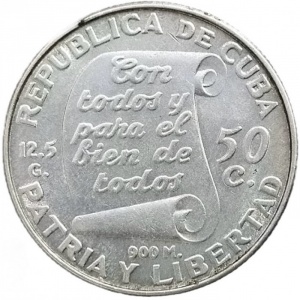 Аверс монеты Куба, 50 сентаво, 1953, 100 лет со дня рождения Хосе Марти