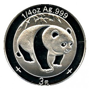 Реверс монеты Китай, 3 юаня, 2007, 25-я годовщина выпуска монет с изображением панды. Панда идет прямо
